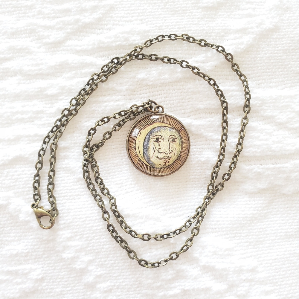 Handmade Man in the Moon Crescent Alchemy Art Necklace
